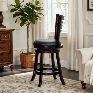 Sunvega Cherry Finish Beige Fabric Slat Back Swivel Stool for Counter Height