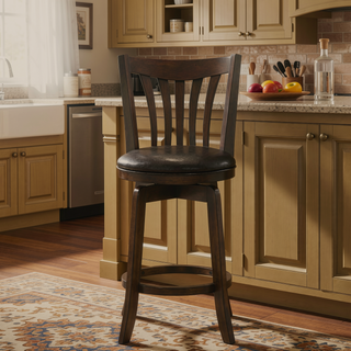 Sunvega Dark Cherry Wood Pub Height Swivel Bar Chair with Faux Leather Seat