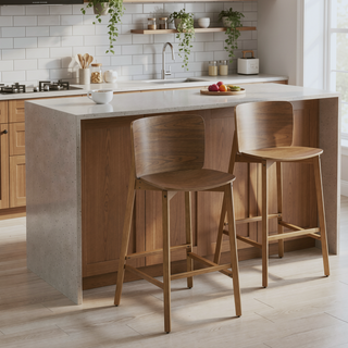 Sunvega Walnut Finished Rubberwood Barstool Set of 2 with Curved Backrest
