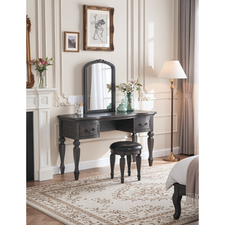 Sunvega Black Wooden Carved Vanity Set with Mirror Stool and Drawers
