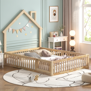 Sunvega White Wood House Platform Bed with Guardrail for Kids Full Size