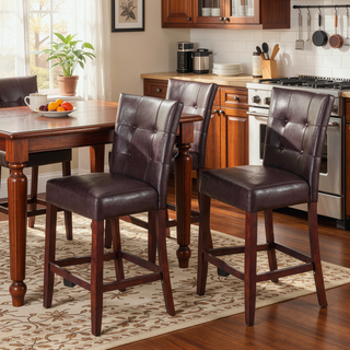 Sunvega Espresso Faux Leather and Walnut Finish Counter Height Stools with Tufted Backrest