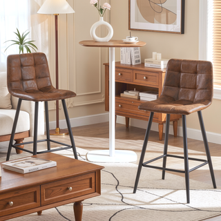 Sunvega Brown Techno-Fabric Bar Chair Set of Two with Rounded Backrest and Black Metal Legs
