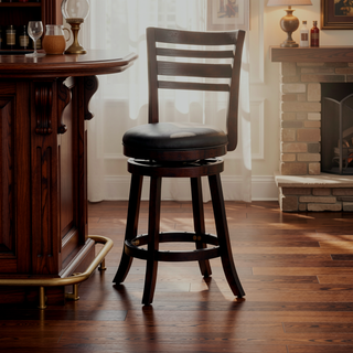 Sunvega Cherry Finish Beige Fabric Slat Back Swivel Stool for Counter Height