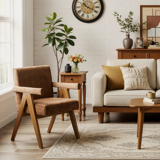 Sunvega Chenille & Oak Side Chair with Padded Seat and Back Cushion Set of 2