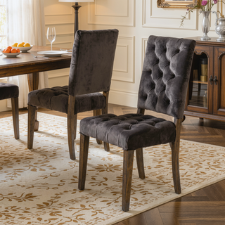 Sunvega Contemporary Upholstered Dining Chairs with Button Tufting and Weathered Wood Legs Set of 2