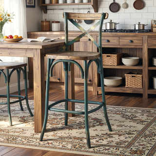 Sunvega Antique Turquoise and Oak Bar Stool with Cross Back and Wooden Seat