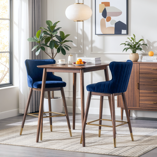 Sunvega Mid-Century Inspired Blue Velvet Wingback Bar Stools with Walnut Legs