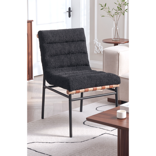 Sunvega Boucle Upholstered Chair with Cognac PU Leather Detailing and Black Iron Legs