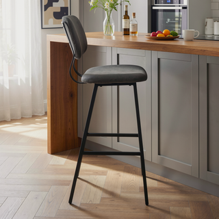 Sunvega Foundry Contemporary Black Metal and Grey Faux Leather Barstools with Zig Zag Stitching