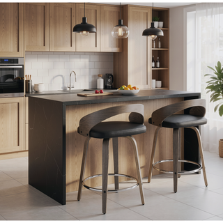 Sunvega Mid-Century Modern Counter Stool with Light Grey Wood and Black Faux Leather