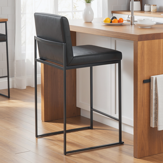 Sunvega Fuji High Back Counter Stool Set of 3 in Black Steel and Faux Leather