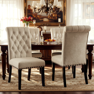 Sunvega Sand and Rustic Espresso Tufted Side Chairs with Rolled Backrest and Padded Seat