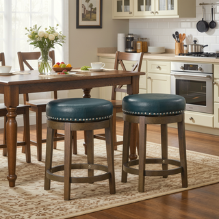 Sunvega Gray Faux Leather Swivel Stools with Nailhead Trim and Solid Wood Frame