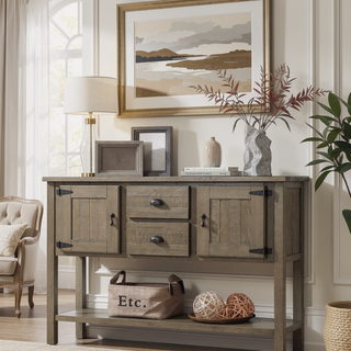 Sunvega Retro Style Solid Pine Wood Sideboard Console Table with 2 Drawers and Cabinets