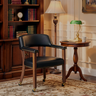 Sunvega Walnut Game Dining Chair with Black Faux Leather and Nailhead Trim