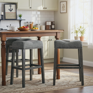 Sunvega Gray Upholstered Backless Saddle Seat Bar Stools Set of 2 29" Height