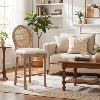 Sunvega French Style Solid Wood Frame Linen Fabric Oval Back Dining Chairs Set of 2
