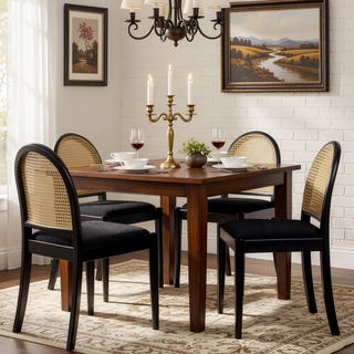 Sunvega Natural Oak and Cane Rattan Counter Stools with Black Boucle Upholstery