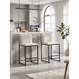 Sunvega Upholstered Linen Bar Stools Set of 2 with Metal Frame and Footrest