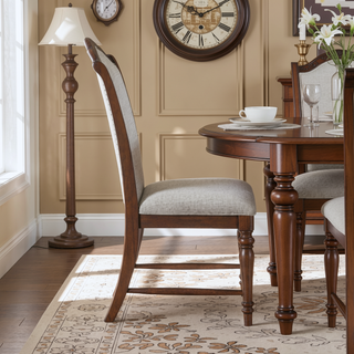 Sunvega Traditional Cherry Finish Wooden Side Chairs with Gray Textured Fabric Upholstery