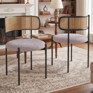 Sunvega Modern Upholstered Dining Chairs Set of 2 with Rattan Backrest and Metal Legs