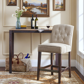Sunvega Button Tufted Counter Stool with Espresso Wood Finish and Bronze Kick Plate