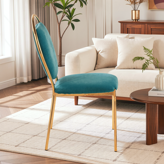 Sunvega Keyhole Design Gold Metal Frame and Green Velvet Upholstery Dining Chair Set