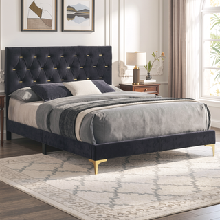 Sunvega Black and Gold Diamond Tufted Upholstered Eastern King Panel Bed Frame