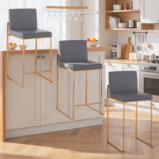 Sunvega Gold Steel Grey Faux Leather High Back Counter Stool Set of 3