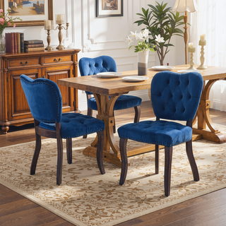 Sunvega French Vintage Tufted Upholstered Fabric Dining Chair Set of 2 Blue