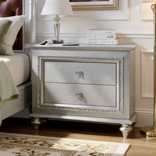 Sunvega Champagne Finish Nightstand with Crystal Accents and Felt-Lined Drawers