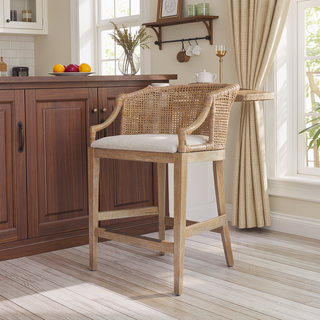 Sunvega Handcrafted Natural Rattan Counter Stool with Soft Linen Upholstery and Solid Wood Legs