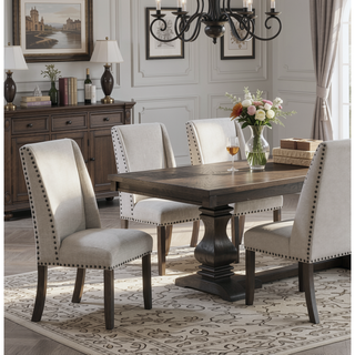Sunvega Traditional Oak Finish Upholstered Wingback Side Chairs with Nailhead Trim