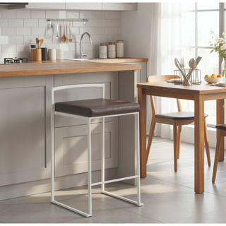 Sunvega Contemporary Stackable Counter Stool with White Frame and Brown Faux Leather Cushion