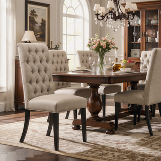 Sunvega Tan Linen Upholstered Button Tufted Parson Chairs with Wooden Legs Set of 2