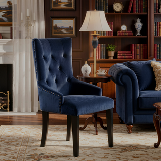 Sunvega Luxury Glam Dining Chair with Dark Navy Velvet Upholstery and Nailhead Trim