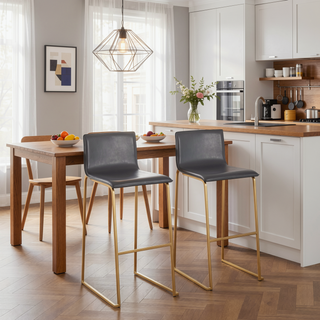 Sunvega Contemporary Gold Steel and Grey Faux Leather Barstools with Footrest Set of 2