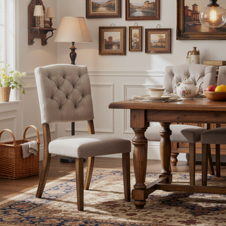 Sunvega Transitional Dining Chairs Set of 2 with Tufted Back and Beige Linen Upholstery