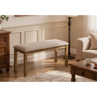 Sunvega 42-inch Rectangular Upholstered Bench in Brown Walnut and Beige Fabric