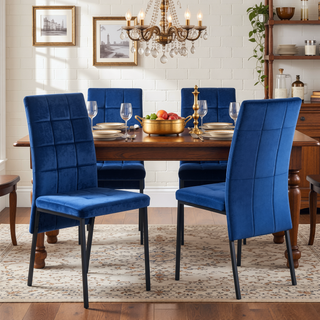 Sunvega Dark Blue Velvet High Back Nordic Dining Chair with Golden Legs Set Of 4