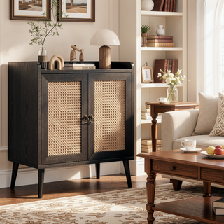 Sunvega Medieval Style Buffet Cabinet with Rattan Doors and Baffle Strip Design