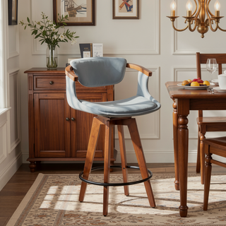 Sunvega Mid-Century Modern Counter Stool with Walnut Bamboo Frame and Grey Faux Leather