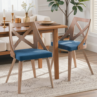 Sunvega White Washed Wood and Blue Fabric Farmhouse Dining Chair Set of 2