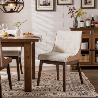 Sunvega Mid-Century Modern Walnut Beige Curved Panel Back Side Chair with Padded Seats