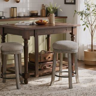 Sunvega Textured Grey Upholstered Swivel Counter Stool with Distressed Frame