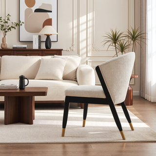 Sunvega Modern Elm Wood and Chenille Upholstered Dining Chair with Gold Tips