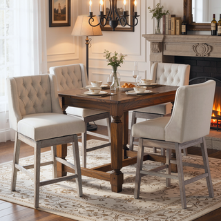 Sunvega Set of 2 Swivel Bar Stools with Button Tufted Backs and Wood Footrests