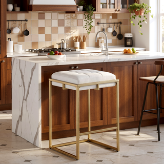Sunvega Beige and Gold Square Counter Height Stools with Button Tufting and Footrest