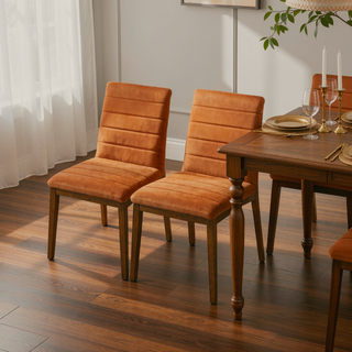 Sunvega Mid-Century Modern Burnt Orange Velvet Dining Chair Set with Walnut Solid Wood Base